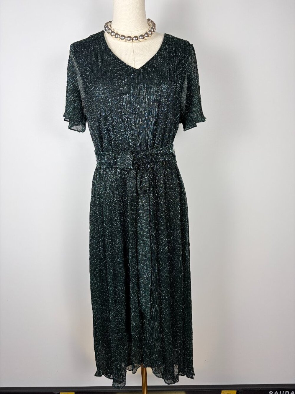 Lane Bryant 14/16 Green Metallic Shimmer Midi Dress Flutter Sleeve Belted